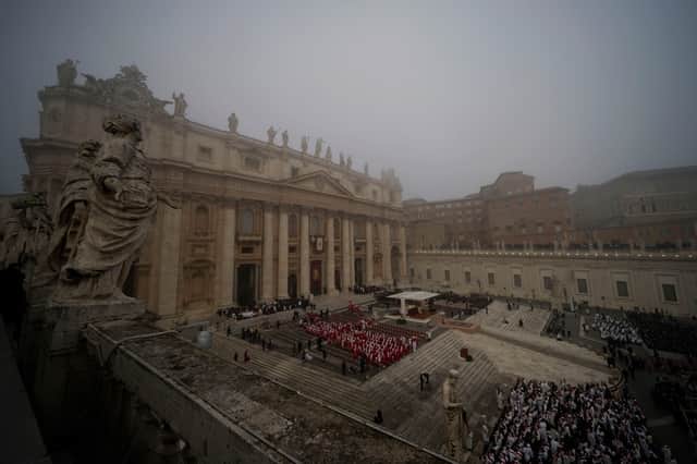 Cardinals and mourners arrive for the funeral of Pope Emeritus Benedict XVI at St. Peter’s square on January 5, 2023 in Vatican City.