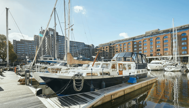 The outside of the boathouse at St Katharine Docks, Wapping E1W