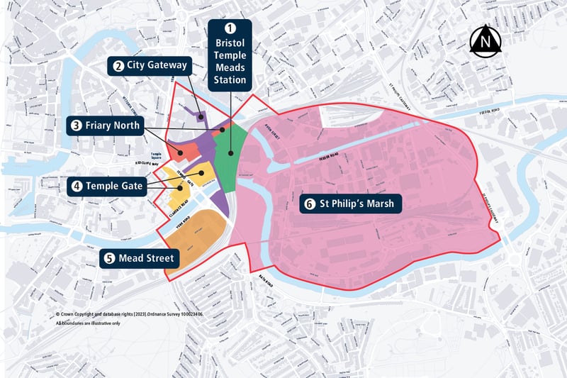 Map showing the six areas of the framework with the plan for homes St Philip’s Marsh dominating the area