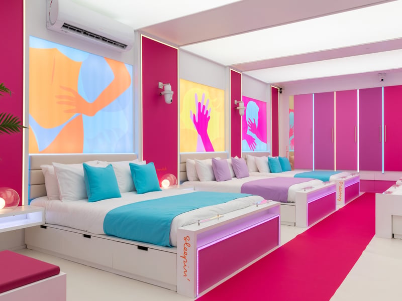 The main bedroom stays true to the bold and kitsch design of the show