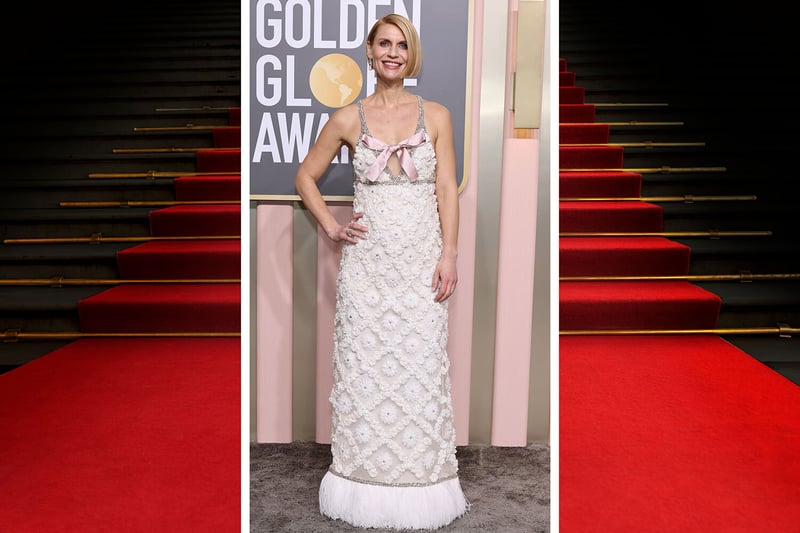 Claire Danes wore a striking heavily embellished neutral gown by Giambattista Valli Haute Couture.