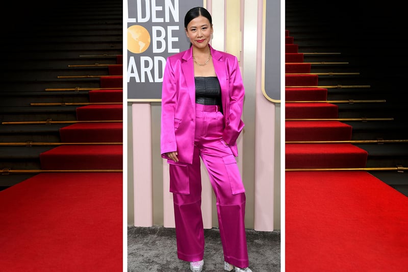 Domee Shi decided to opt for an ultra feminine and bold pink co-ord suit.