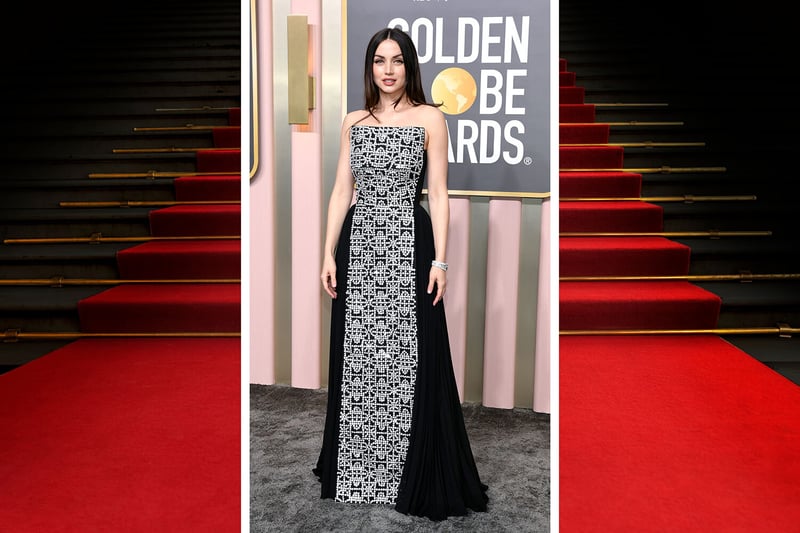 Ana de Armas opted for a detailed black and white dress from Louis Vuitton.
