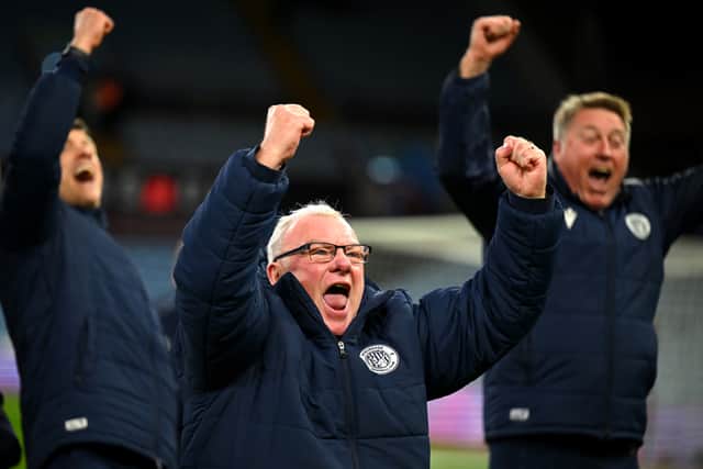 Stevenage boss and former Leeds coach Steve Evans celebrates his side’s 2-1 comeback win at Villa Park in the FA Cup last weekend 