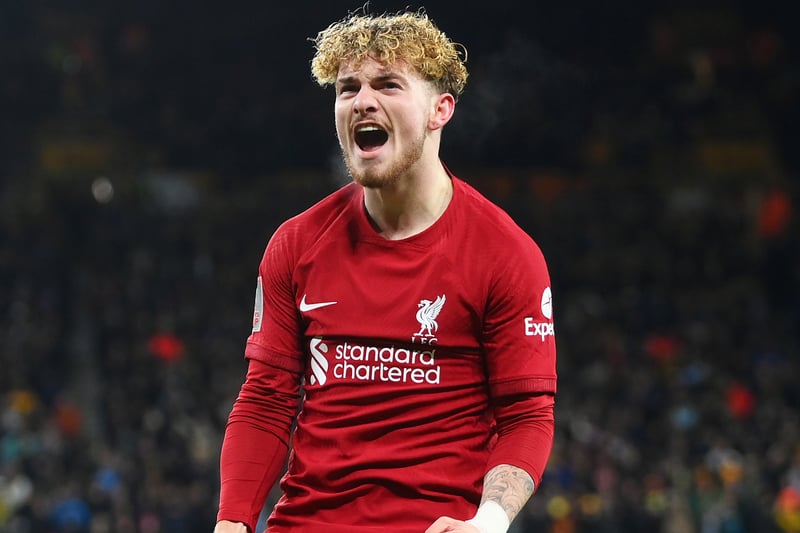 Harvey Elliott of Liverpool celebrates after scoring the team's first goal during the Emirates FA Cup Third Round Replay match between Wolverhampton Wanderers and Liverpool at Molineux on January 17, 2023 in Wolverhampton, England. (Photo by Shaun Botterill/Getty Images)