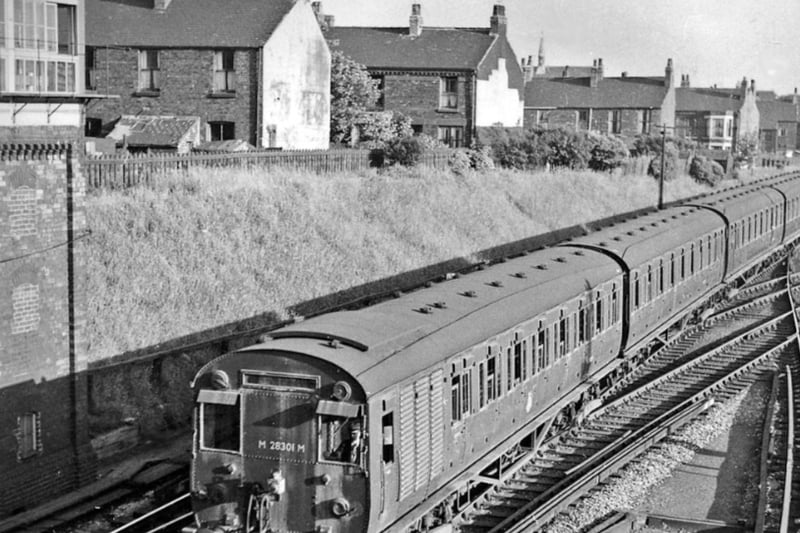 Liverpool Exchange to Ormskirk electric train approaching Aintree Sefton Arms station, 1959.