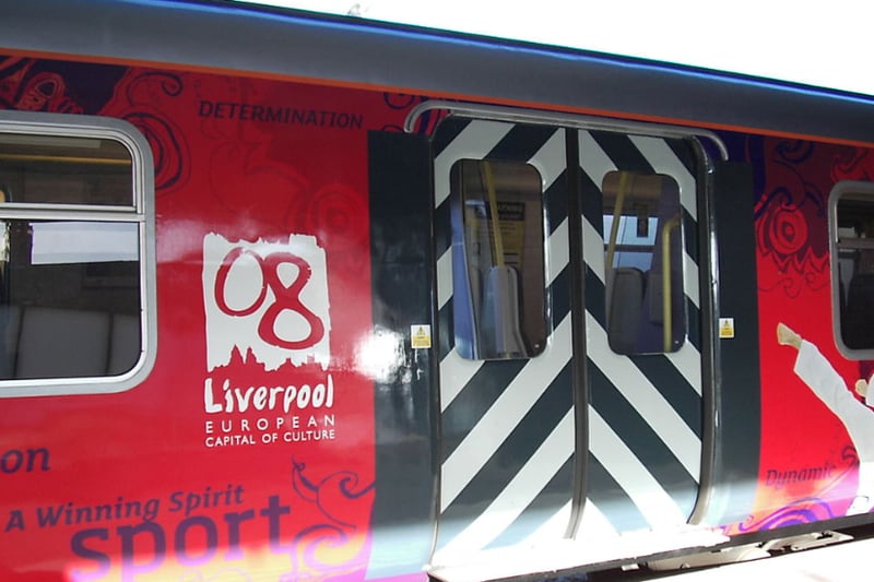 The specially painted Merseyrail train to celebrate Liverpool’s capital of culture award, in 2008. Taken at Rock Ferry railway station.