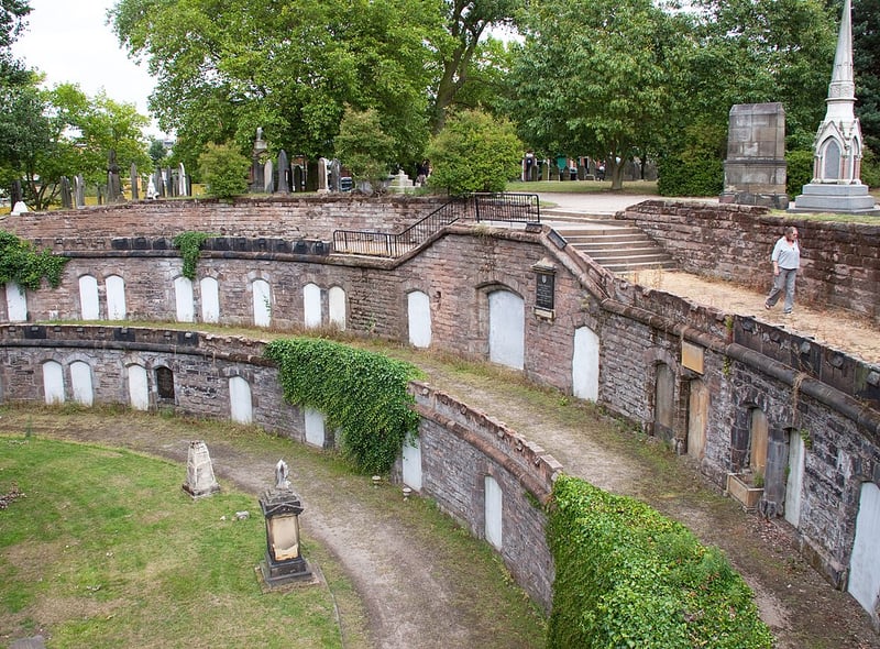 Warstone Lane Cemetery Catacombs or Brookfield Cemetery has a secret catacomb. It was established in 1848 and burials took place until 1982. It looks like a semicircle just like a Roman amphitheatre. (Photo - Tony Hisgett/Wikimedia Commons)