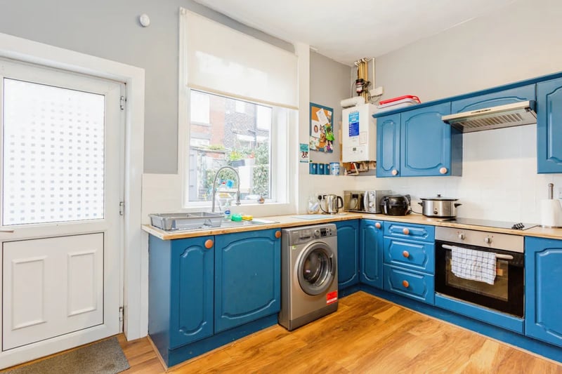 The kitchen area with bright blue units