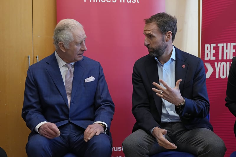 King Charles III (left) talks to Gareth Southgate, England football manager and Prince’s Trust ambassador during a visit to the Norbrook Community Centre in Wythenshawe Credit: PA pool