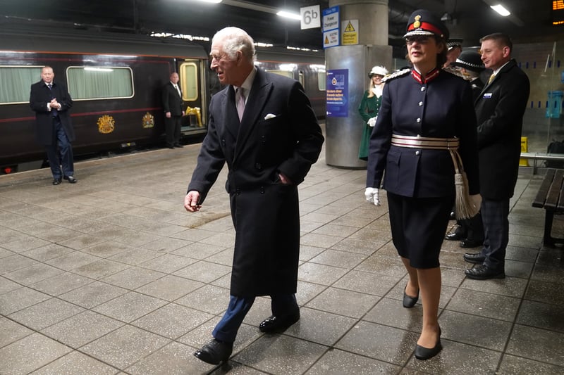 King Charles III arriving via the Royal Train at Manchester Victoria Station Credit: PA pool