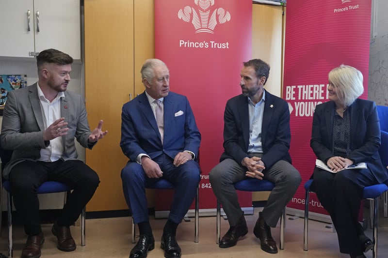 King Charles III (second left) talks to Gareth Southgate (second right), England football manager and Prince’s Trust ambassador during a visit to the Norbrook Community Centre in Wythenshawe Credit: PA pool