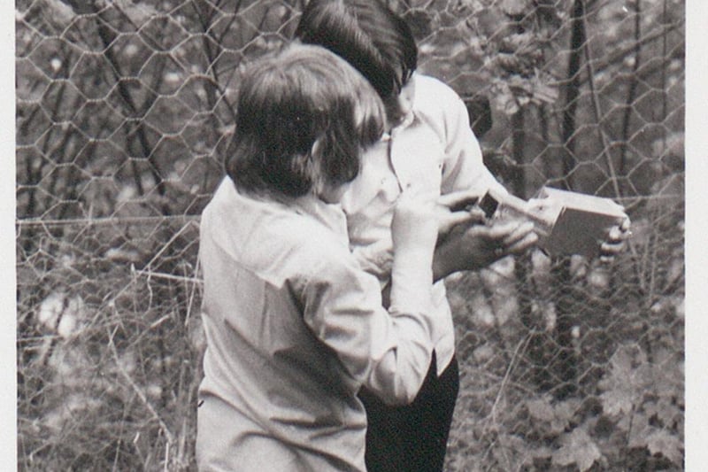Two students examine their findings during a school trip to the Forest of Dean.