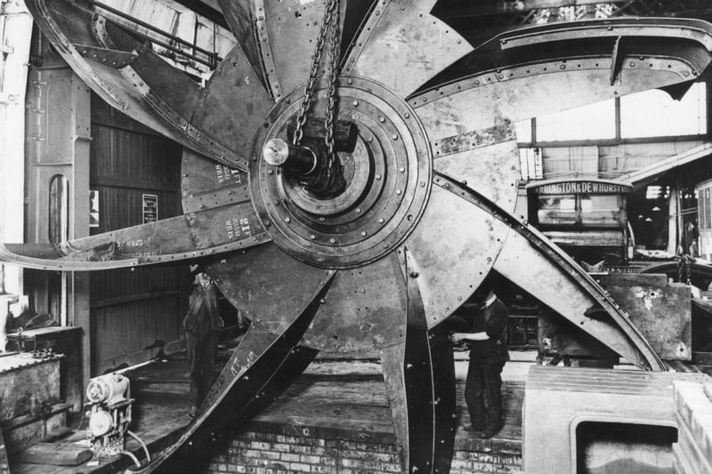 A 21-ft fan used in the ventilating system of the Mersey Tunnel which was opened by the King in 1936.