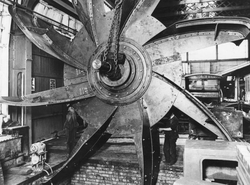 A 21-ft fan used in the ventilating system of the Mersey Tunnel which was opened by the King in 1936.