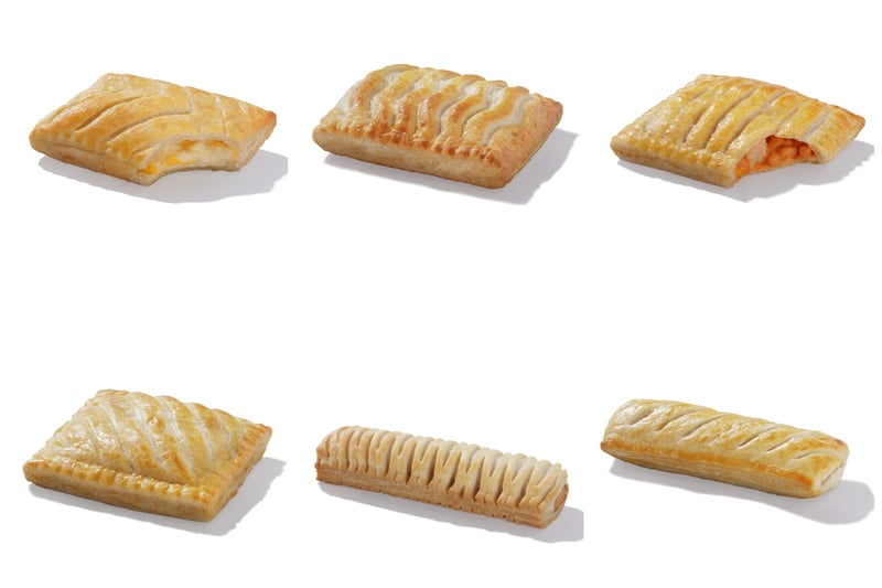 These are the right answers. 1) Cheese and onion bake (top left). 2) Chicken bake (top middle). 3) Sausage, bean and cheese melt bake (top right). 4) Steak bake (bottom left). 5) Vegan sausage roll (bottom middle). 6) Sausage roll (bottom right).