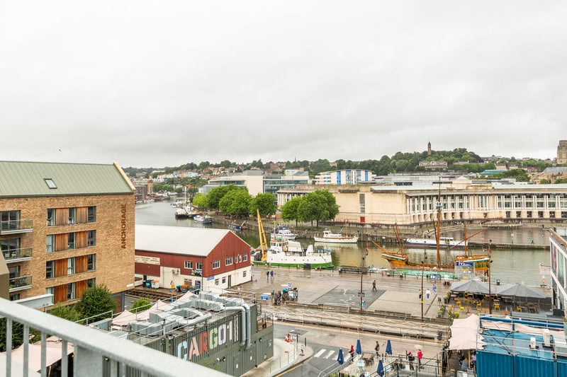 What a view - look out toward the city and down on The Matthew positioned in Bristol’s Floating Harbour