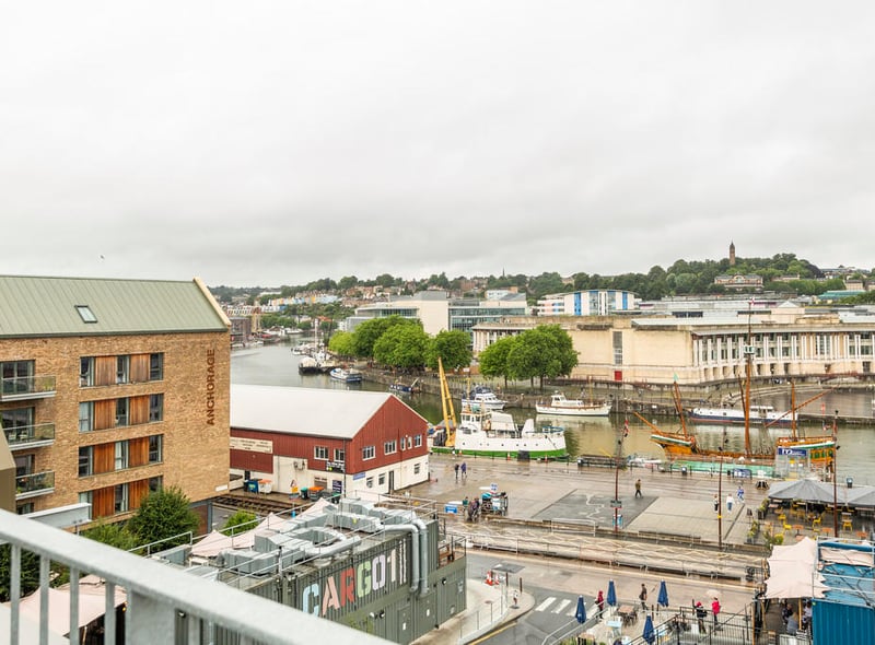 What a view - look out toward the city and down on The Matthew positioned in Bristol’s Floating Harbour