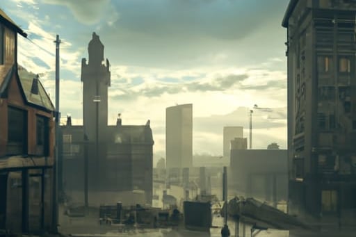 The prompt for this image was “post-apocalyptic Manchester,” but we think this looks more like Industrial Revolution Manchester. Created using NightCafe. 