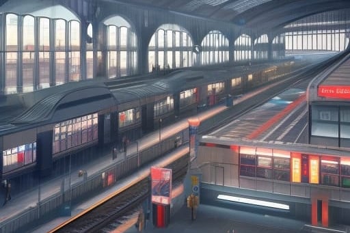 The prompt for this image was “the platform of Manchester Piccadilly train station in the year 2500, with people waiting for futuristic trains.” Created using NightCafe