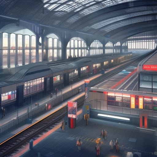 The prompt for this image was “the platform of Manchester Piccadilly train station in the year 2500, with people waiting for futuristic trains.” Created using NightCafe