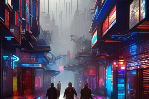 The prompt for this image was “Cyberpunk Northern Quarter, Manchester, in the year 2500 with people walking in the street, sitting in bars, shopping.” Created using NightCafe