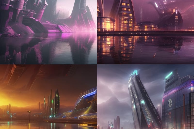The prompt for these four images were made using the prompt “Salford Quays in the year 3000.” Created using NightCafe.