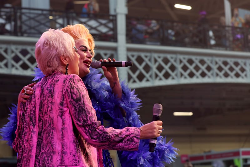 Denise on stage at RuPaul’s DragCon UK with drag queen, Baga Chipz.