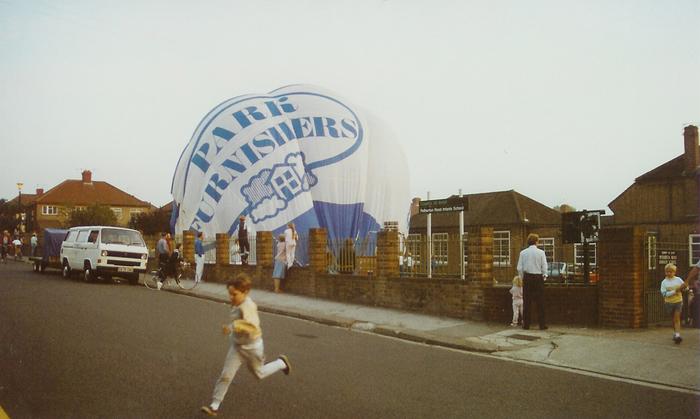 Petherton Road Infants School with a hot air balloon in its playground.