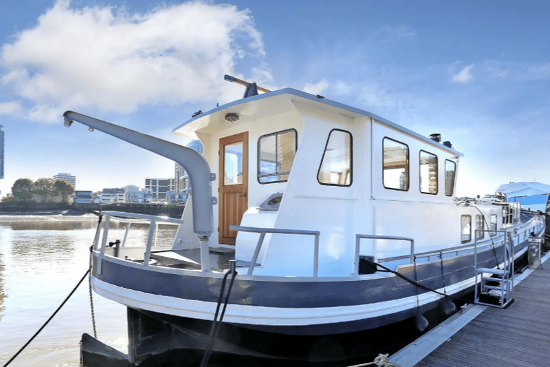The outside of the houseboat at Imperial Wharf, Fulham