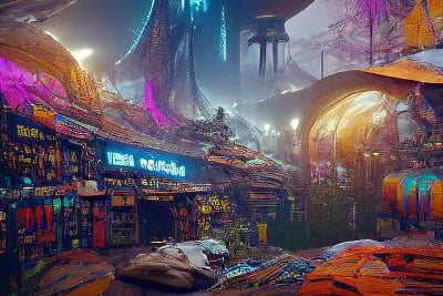 A Sci-fi marketplace in Birmingham by NightCafe AI