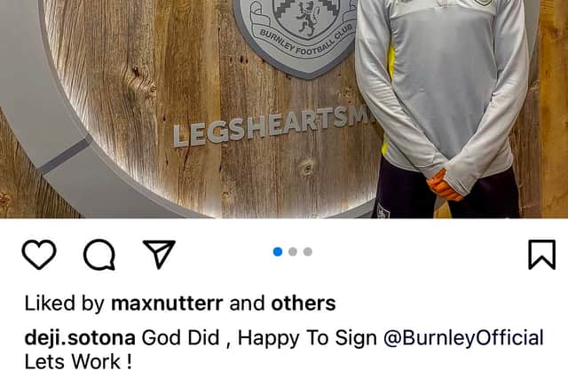 Deji Sotona confirmed his Burnley move on Instagram