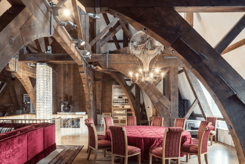 The first image from inside the house, showcasing the dramatic Victorian beams