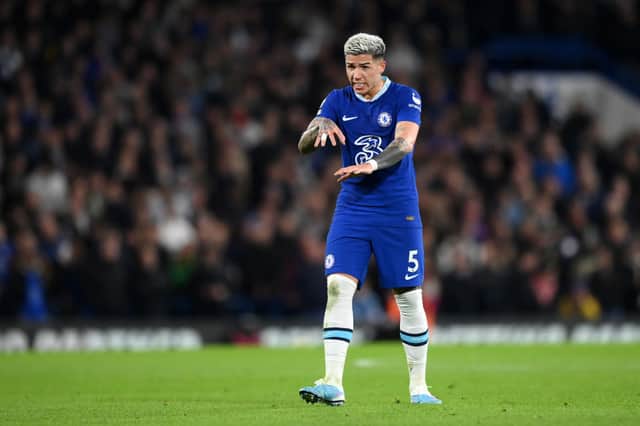  Enzo Fernandez of Chelsea reacts during the Premier League match between Chelsea FC and Fulham FC at Stamford Bridge on February 03, 2023 in London, England. (Photo by Justin Setterfield/Getty Images)