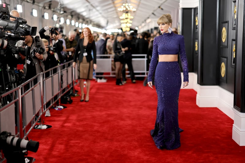 Taylor Swift wore a sparkling midnight blue two piece by Roberto Cavalli.