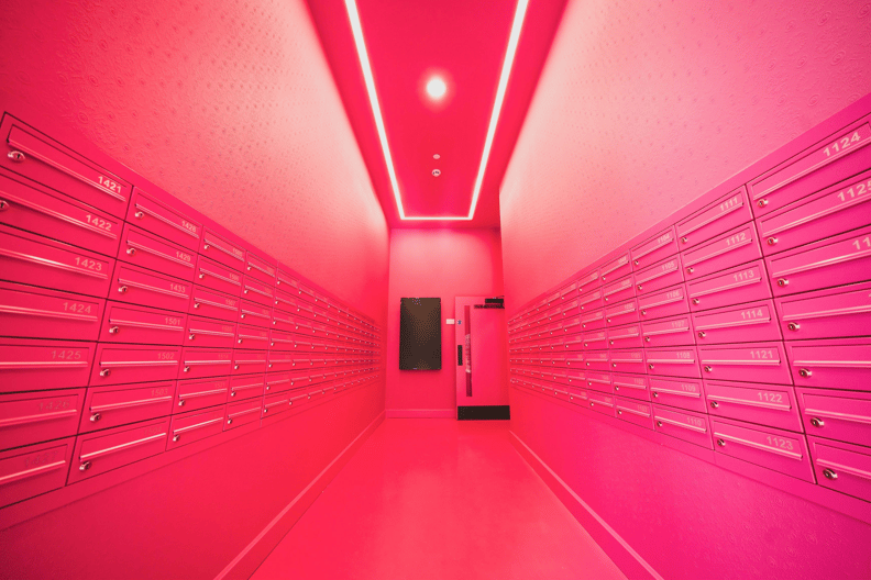 The bright pink mailing room