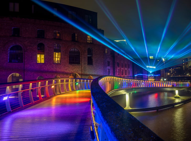 New artwork Beam by Bristol-based PYTCH uses lasers and haze to create a stunning, ever-changing light sculpture at Castle Bridge (photo: Andre Pattenden)
