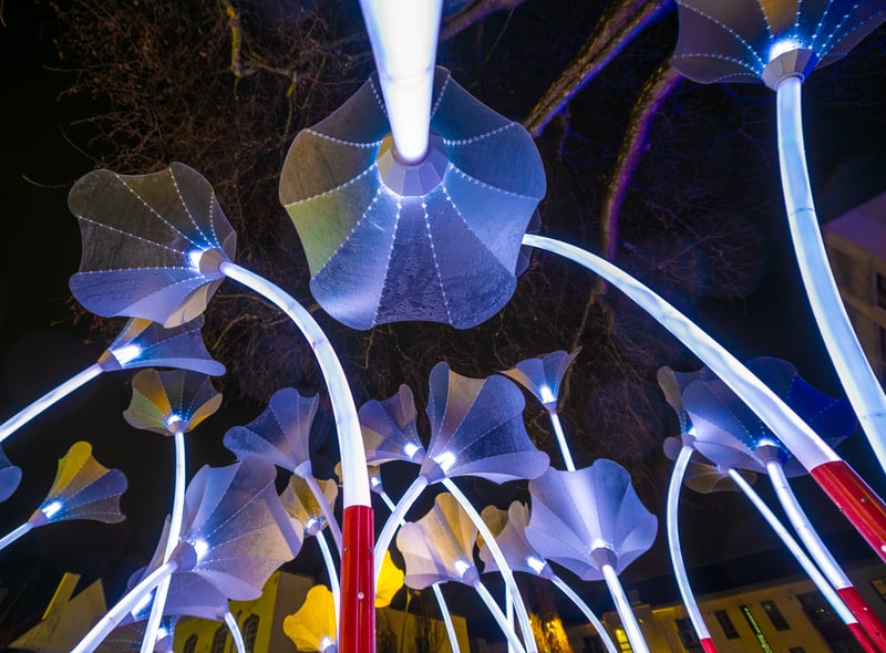 The super-sized Trumpet Flowers by Amigo & Amigo are located at Quakers Friars in Cabot Circus and include interactive keys that allow visitors to play each flower as 2-6m towering musical and light instrument(photo: Andrew Pattenden)