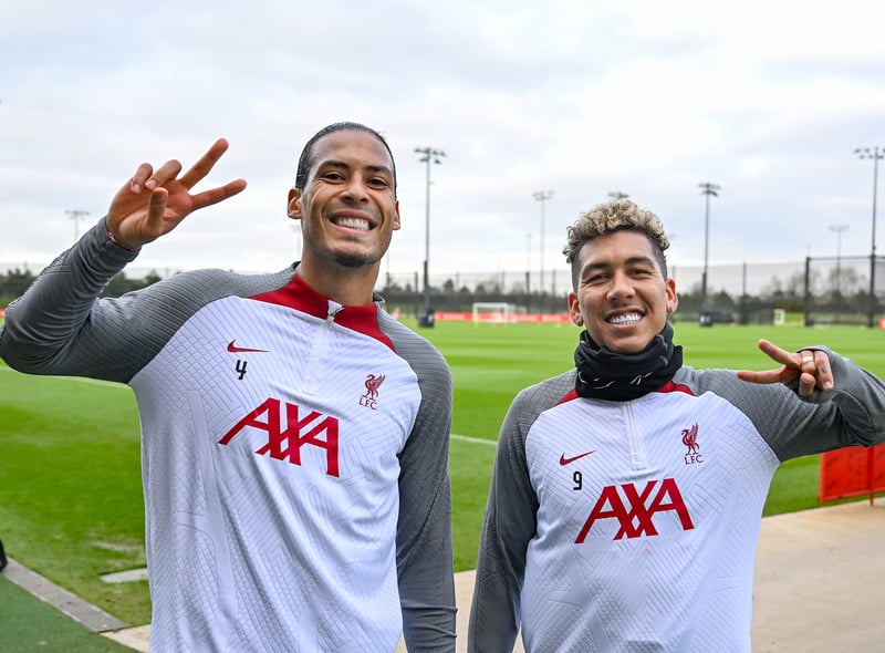 Virgil van Dijk and Roberto Firmino of Liverpool during a training session at AXA Training Centre on February 02, 2023 in Kirkby, England. (Photo by Andrew Powell/Liverpool FC via Getty Images)