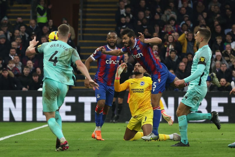 James Tomkins of Crystal Palace scores their sides first goal during the Premier League match 