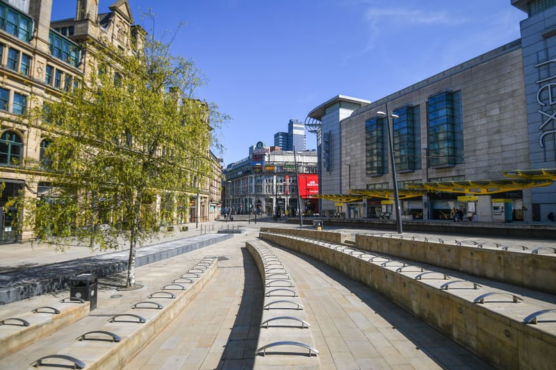  In 1996, Manchester was devastated by the IRA terrorist attack. As part of the city’s reconstruction and recovery, Exchange Square was created. Two historic pubs, the Old Wellington and Sinclair’s Oyster Bar were relocated, the Corn Exchange was redeveloped into what was known as the Triangle, and redevelopment also began on the Arndale Centre, including the construction of the Marks and Spencers and Selfridges building. The area is also home to one of the city’s most unique buildings – Urbis, or the National Football Museum as it is now known, built in 2002. (Photo by ANTHONY DEVLIN/AFP via Getty Images)