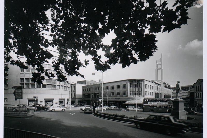 Lewins mead roundabout with the Broadmead Baptist Church in background.