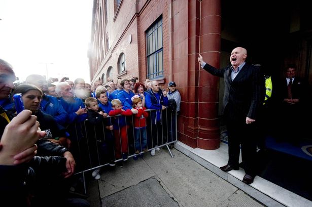 John Brown gives an impromptu public address against the then Charles Green-led regime at Ibrox as fans gather outside Ibrox to protest 