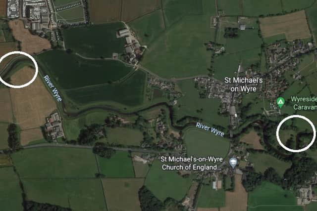 St Michael’s On Wyre as seen on Google Earth - the left circle is where a body was found, the right circle is where Nicola Bulley’s mobile phone was discovered