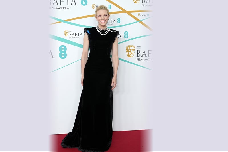 Cate Blanchett wore a classic John Galliano high necked black dress with fringe detail on the sleeves. She finished the look with layered pearls. The vintage Maison Margiela Couture dress had also previously been worn by Blanchett at the 2015 Oscars.