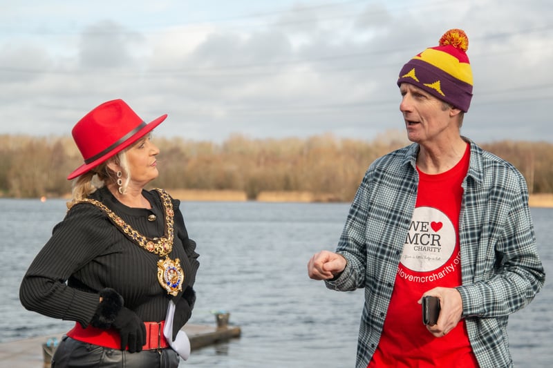 The Lord Mayor of Manchester Coun Donna Ludford with the head of We Love MCR Ged Carter. Photo: Abdimalig Ibrahim
