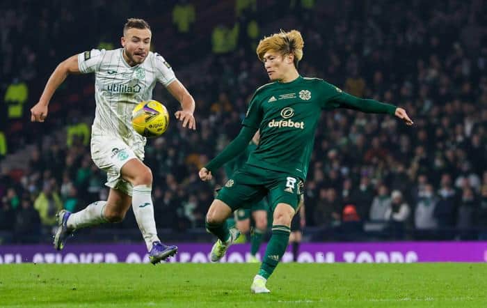 Kyogo Furuhashi inspired Celtic to their first trophy under Ange Postecoglou against manager-less Hibernian. Paul Hanlon’s towering head gave the capital club the lead against the run of play but a second half brace from the Japanese striker completed a stunning comeback. 