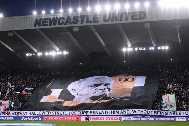 Former Magpies manager Sir Bobby Robson was honoured by United supporters on his 90th birthday ahead of a 2-0 home defeat against Liverpool in February 2023.