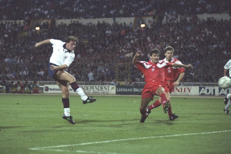 Paul Gascoigne scores England’s second goal of the game during the group two world cup qualifiying match against Poland, at Wembley Stadium. Gazza’s England won 3-0. (Picture: Shaun Botterill/Allsport)