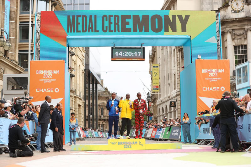 Thousands of people across Birmingham and the West Midlands bought tickets to watch the Games and those who didn’t got to spectate at the sports marvel on several road events, including the marathon with the route tracking around the city to Bournville and other landmarks. Here’s the finish line in Victoria Square with the the men’s winners. (L - R) Silver Medalist, Alphonce Felix Simbu of Team Tanzania, Gold Medalist, Victor Kiplangat of Team Uganda and Bronze Medalist, Michael Mugo Githae of Team Kenya 